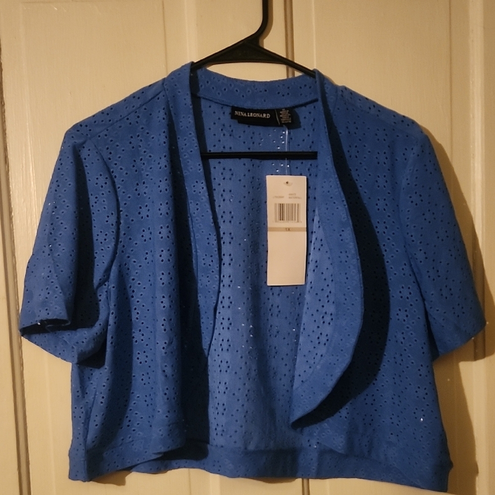 Nina Leonard Perforated Blue Cardigan